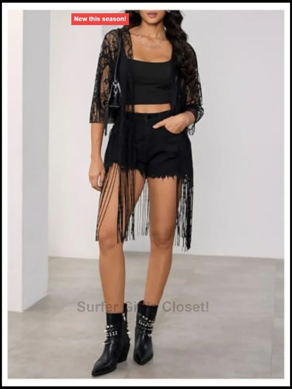 Lace Sheer Fringe Kimono Open Front Long Sleeve Beach Cover Up